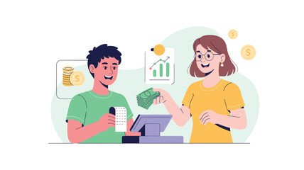 Cheerful Retail Transaction: Customer Pays with Cash at Checkout, Cashier Hands Receipt, Illustrating Positive Customer Service and Growing Business