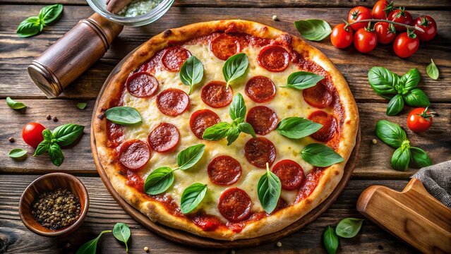 Delicious pepperoni pizza with melted cheese, fresh basil, and ripe tomatoes, served on a rustic wooden table, ready to be enjoyed