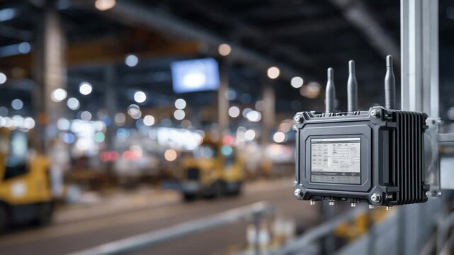 Rugged industrial edge computing devices for real-time environmental monitoring, mounted on factory walls to manage sensor networks efficiently.