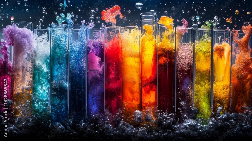 Poster vibrant liquids in a variety of colors fill an array of test tubes, illustrating a broad spectrum of