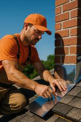 Plakat skilled roofer installing chimney flashing on rooftop on sunny day illustrating precision craftsmanship and construction expertise