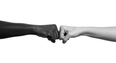 Black and white unity fist bump hands showing diversity and inclusion for partnership and teamwork concept