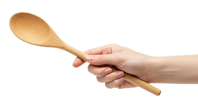 Wooden spoon held in hand for cooking and stirring food in kitchen utensils and culinary preparation tool