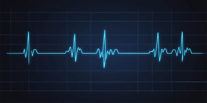 Blue medical monitor displaying a vibrant cardiogram heartbeat pulse wave graph