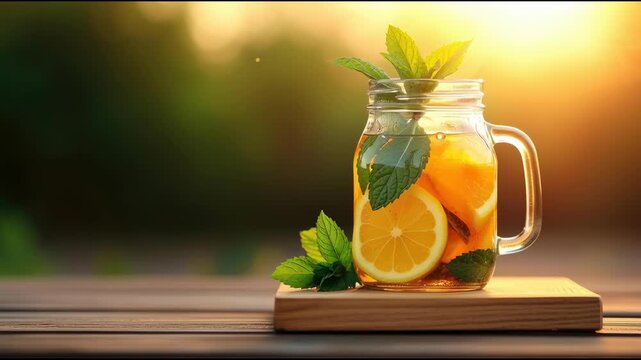 Citrus vitamin drink in a large glass mug on a wooden table.