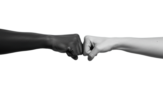 Black and white unity fist bump hands showing diversity and inclusion for partnership and teamwork concept