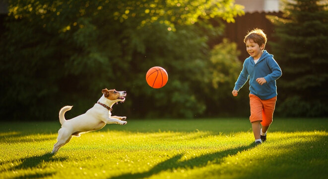 Boy dog playing ball happy running lawn backyard pet canine friendship fun active playful outdoors park sunshine.