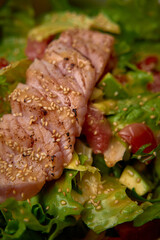 A Deliciously Fresh Salad Featuring Tender Slices of Grilled Protein Topped with Sesame Seeds and a Colorful Medley of Greens and Tomatoes