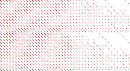 A modern abstract pattern features numerous small, red diagonal dashes arranged against a clean white background, creating a dynamic digital texture.