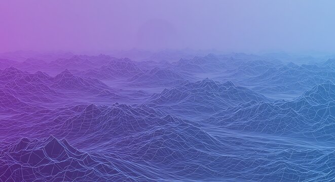 Abstract wireframe landscape of rolling hills under a purple and blue gradient sky.