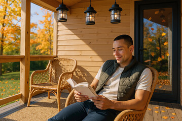 Obraz premium young man reading book on sunny autumn day in cozy wooden porch surrounded by fall foliage creating a tranquil and relaxing atmosphere