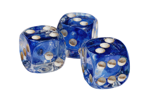 Three translucent blue dice