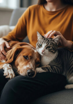 Cat and dog friendship bonding at home with owner petting pet animal love and care adorable domestic animals on transparent background silhouette