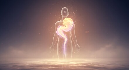 Fototapeta premium A glowing human figure with internal organs visualized, surrounded by light.