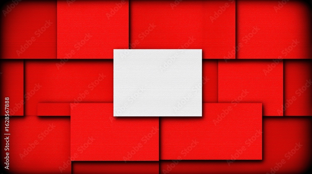 Poster abstract red background with overlapping rectangular shapes and a central white rectangle. minimalis