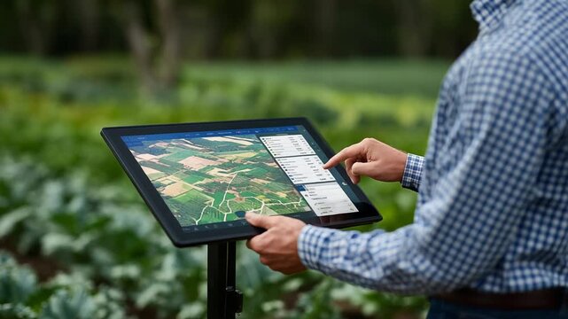Explore yield variability with an interactive touchscreen map, allowing farmers to select zones with gestures, set against a backdrop of crops.