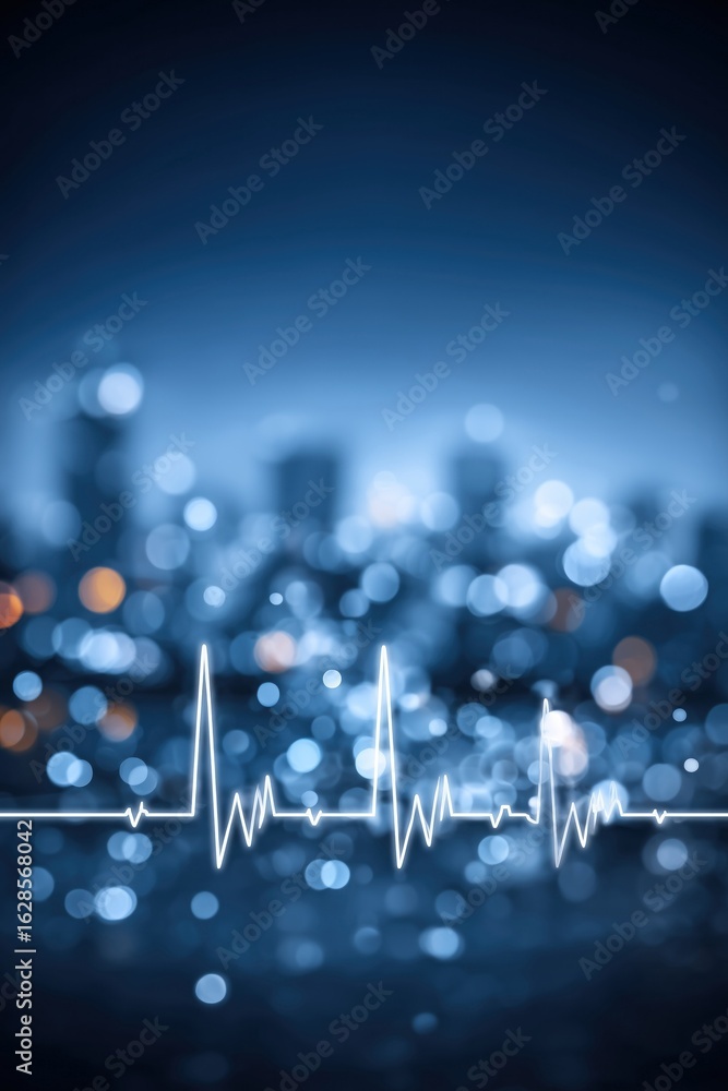 Poster abstract digital background featuring a heartbeat line and soft blue bokeh lights.