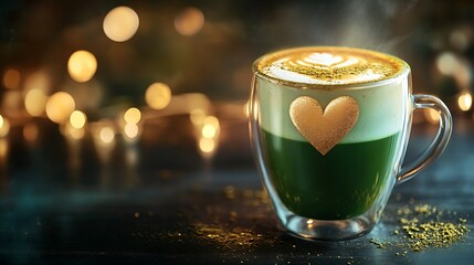 Steaming Matcha Latte with Golden Heart and Latte Art on a Dark Table