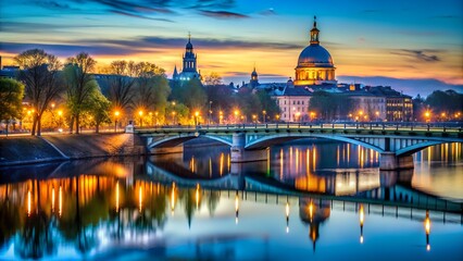 Naklejka premium Beautiful cityscape with illuminated buildings and bridges reflecting in the river at dusk, a stunning european urban scene