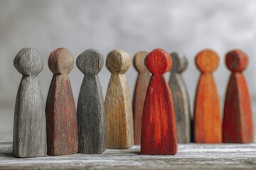 Wooden figurines in various colors, standing in a row
