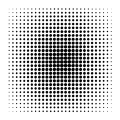 Monochrome halftone dot texture pattern with a radial gradient, creating a retro comic book style background effect.