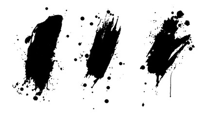 Beautiful black watercolor splash brushes. Set of black brushes. Black ink splatters create abstract background with dynamic shapes and textures. Black paint splash on a white background.