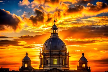 Majestic government building with a grand dome illuminated by a dramatic sunset sky with vibrant orange clouds