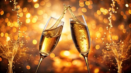 Two champagne flutes clinking in a toast, with sparkling golden lights and bokeh in the background