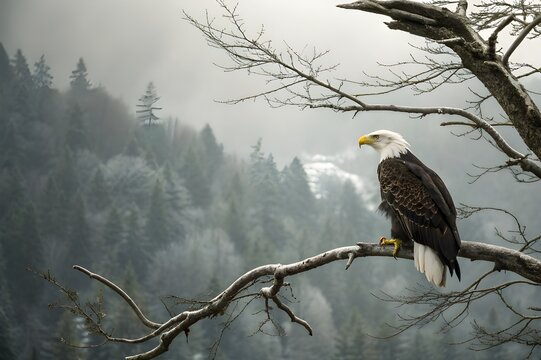 Bald eagle perched on branch misty forest backdrop winter scene
