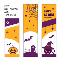 Three halloween themed vertical banner ads featuring a pumpkin bat tombstone and spiderweb on orange and purple 99