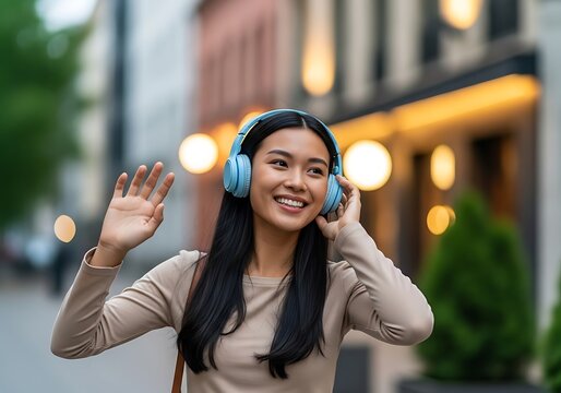 Happy young Asian woman listening to music with wireless headphones outdoors enjoying urban lifestyle and waving hello with a friendly smile - Powered by Adobe
