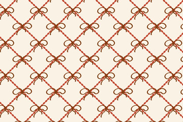 Fototapeta premium Retro inspired red rope and bow pattern with soft diamond grid perfect for fashion textiles and wrapping