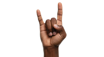 Stock photo of hand gesture devil horns rock and roll sign dark skin tone isolated on black background image
