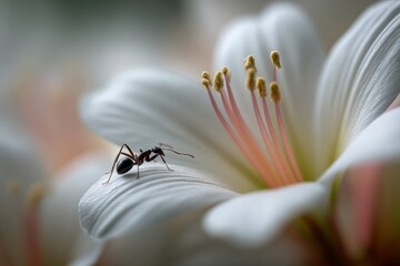 Close-up view of an ant exploring a delicate white flower with soft petals and bright stamens in a serene natural setting
