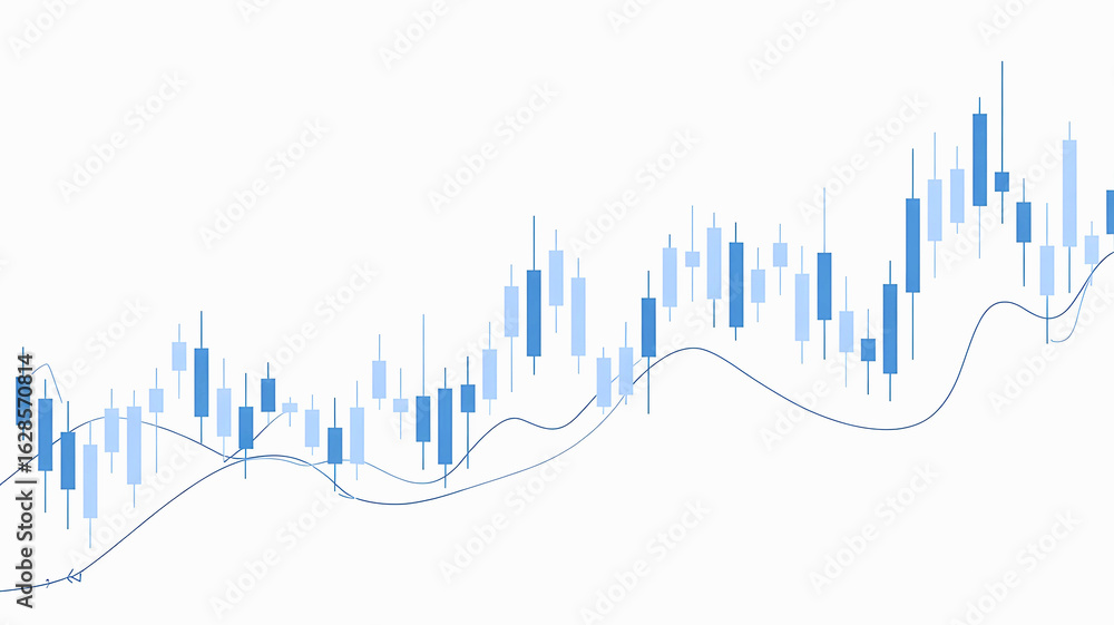 Poster financial stock market chart with candlestick and moving average indicators on a grid background for