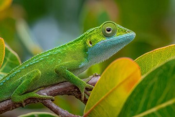 Fototapeta premium Colorful green lizard resting on a branch surrounded by vibrant leaves during daytime