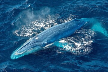 Fototapeta premium Majestic blue whale breaching in the deep ocean waters under bright sunlight
