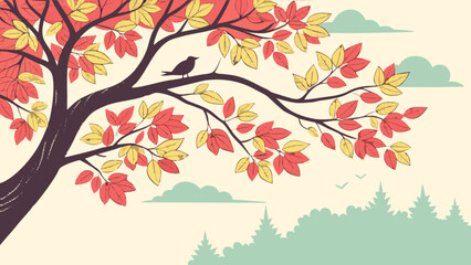 Illustration of a tree with red and yellow leaves and a bird perched on a branch in a landscape scene
