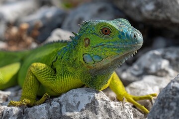 Fototapeta premium Colorful green lizard resting on rocky surface in natural habitat during bright daylight