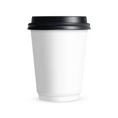 Realistic paper coffee cup mockup with black plastic lid. Blank template for branding design or takeaway drink presentation. Isolated on white background, front view