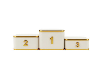 Gold trimmed white victory podium with numbers 1 2 3 isolated on transparent background