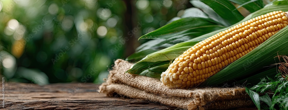 Poster corn on the cob arranged beautifully on a rustic wooden table, illuminated by bright sunlight with a