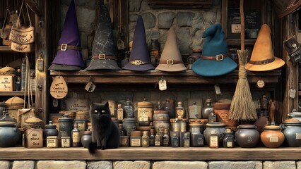 Whimsical Witch's Shop Shelf Display with Black Cat,Witch's Hat, Broomstick, Potion, and Cauldron