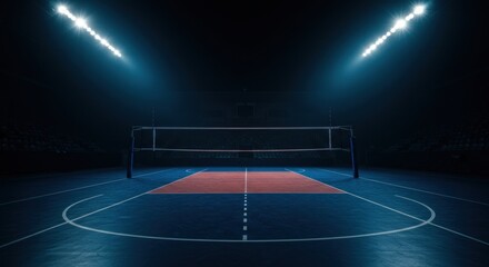 An empty volleyball court with a net and bright spotlights illuminating the blue and red playing surface.