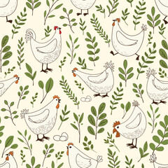 Seamless pattern with cute cartoon chickens  on white background