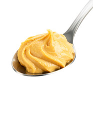 Creamy peanut butter on a silver spoon, delicious and nutritious on transparent background