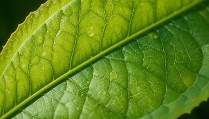 Obraz premium Leaf texture under strong side lighting, casting micro-shadows across vein ridges, natural green tones.