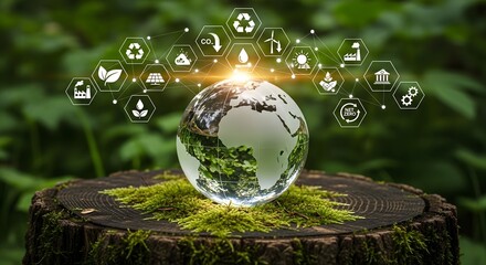 Environmental sustainability and ecology concept with globe and green energy icons around it