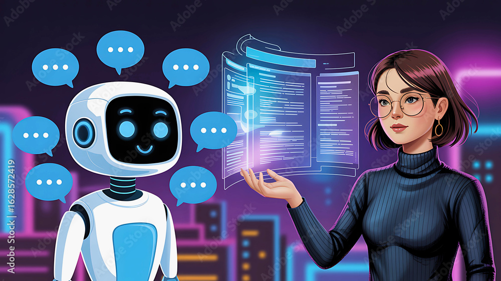 Aufkleber a female programmer interacts with an ai chatbot, analyzing data on a futuristic holographic interfa