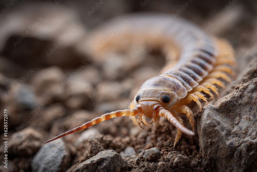 Poster close-up view of a multi-legged insect crawling over rocky terrain in a natural environment during d